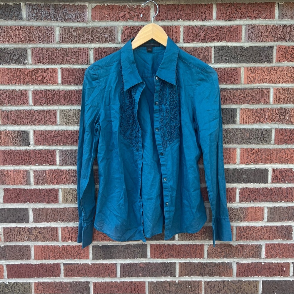 Express Teal Blue Ruffle Front Collared Button Down Long Sleeve Top